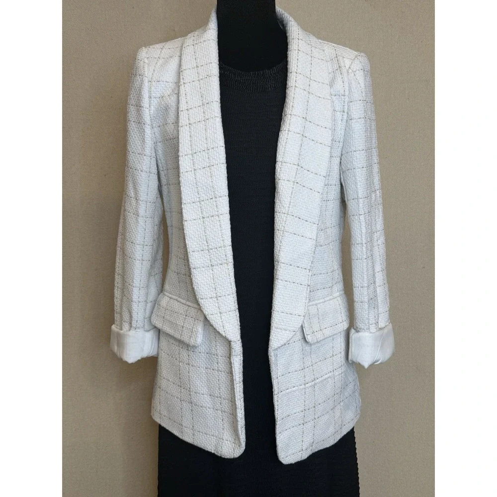 Y2K Classic Lapel Neck Tweed Blazer Size M Ivory/Off White Gold Accent Shein EUC